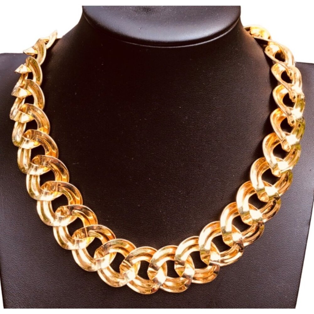 Vintage Chunky Gold Tone Faux Double Curb Link Necklace Heavy - Picture 5 of 5